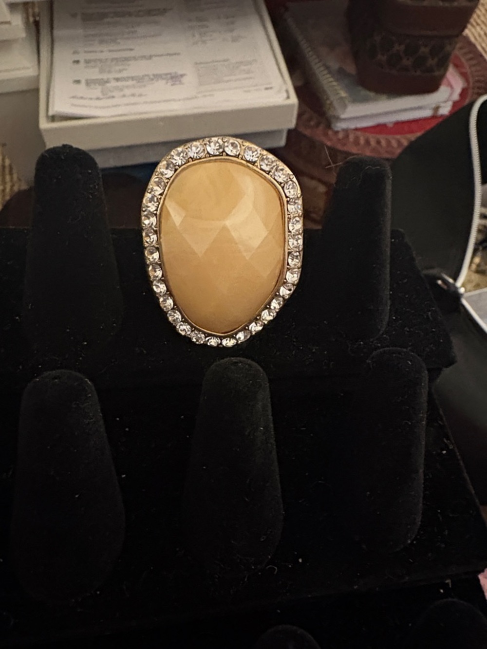 Gold-Tone Beige Statement Ring with Crystal Halo